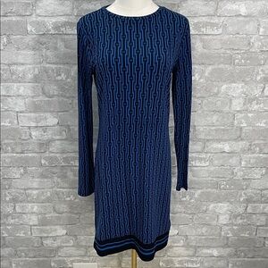Michael Kors Blue Black Geometric Long Sleeve Pullover Shift Dress